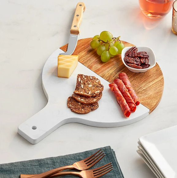 Acopa 10" Round Acacia Wood and Marble Serving Board with 4" Handle